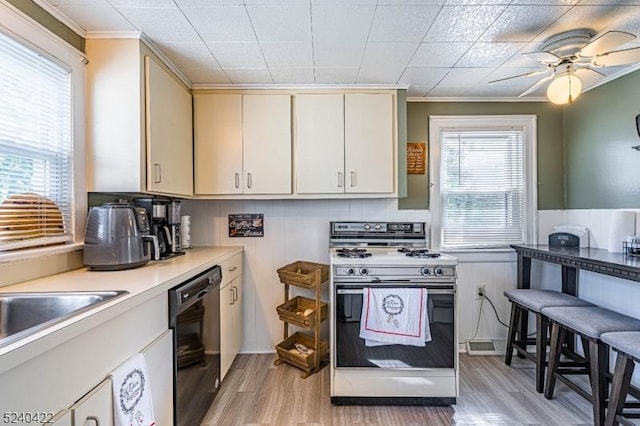 315 Green St, Boonton Town, NJ 07005 - kitchen featuring white gas range, black dishwasher, plenty of natural light, crown molding, and light wood-style flooring