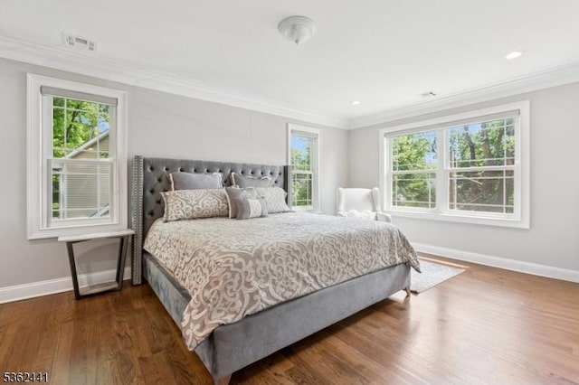 2335 Longfellow Ave, Scotch Plains Twp, NJ 07076 - bedroom featuring multiple windows, dark wood-style flooring, ornamental molding, and recessed lighting