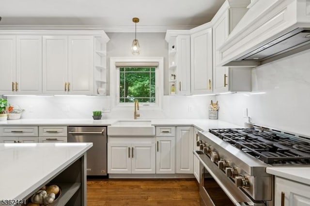 2335 Longfellow Ave, Scotch Plains Twp, NJ 07076 - kitchen with open shelves, stainless steel appliances, custom exhaust hood, and white cabinetry