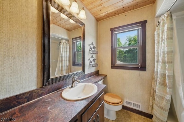 7 Claudia Rd, Hillsborough Twp, NJ 08844 - full bath with wooden ceiling, toilet, healthy amount of natural light, vanity, and a shower with curtain
