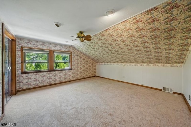 7 Claudia Rd, Hillsborough Twp, NJ 08844 - bonus room featuring ceiling fan, baseboards, carpet flooring, lofted ceiling, and wallpapered walls
