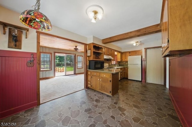 7 Claudia Rd, Hillsborough Twp, NJ 08844 - kitchen featuring freestanding refrigerator, stone floors, black microwave, open shelves, and beamed ceiling