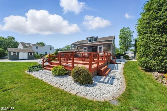 7 Claudia Rd, Hillsborough Twp, NJ 08844 - back of house featuring an outbuilding, a wooden deck, and a lawn