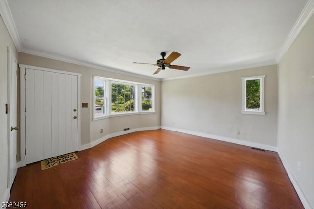 7 Claudia Rd, Hillsborough Twp, NJ 08844 - foyer entrance featuring a ceiling fan, wood finished floors, baseboards, and ornamental molding