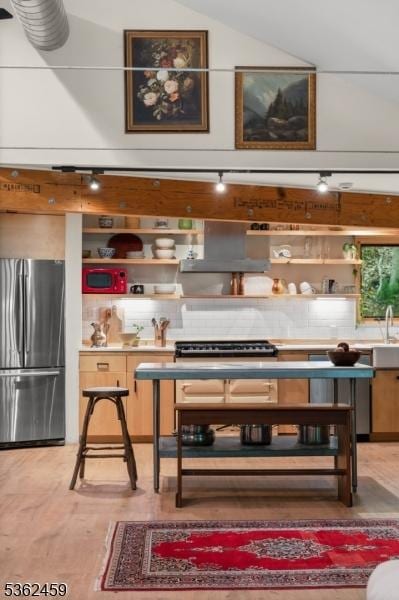 122 Buffalo Hollow Rd, Lebanon Twp, NJ 08826 - bar with freestanding refrigerator, tasteful backsplash, stovetop, lofted ceiling, and wall chimney range hood