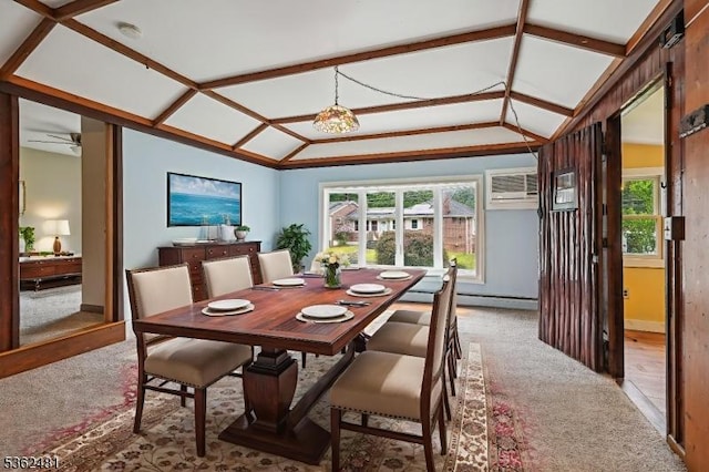 26 Bay View Rd, Hopatcong Boro, NJ 07843 - dining room with vaulted ceiling, a wall unit AC, light colored carpet, a baseboard heating unit, and baseboards