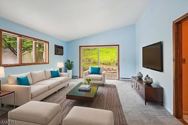 26 Bay View Rd, Hopatcong Boro, NJ 07843 - carpeted living room featuring vaulted ceiling and a baseboard heating unit