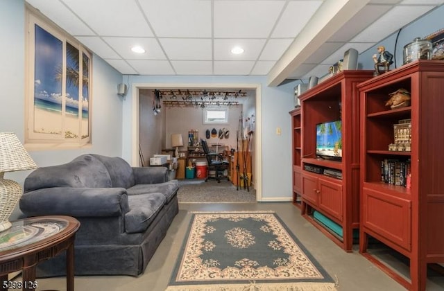 5 Hampton Rd, Mendham Boro, NJ 07945 - living area with recessed lighting, a drop ceiling, and finished concrete floors