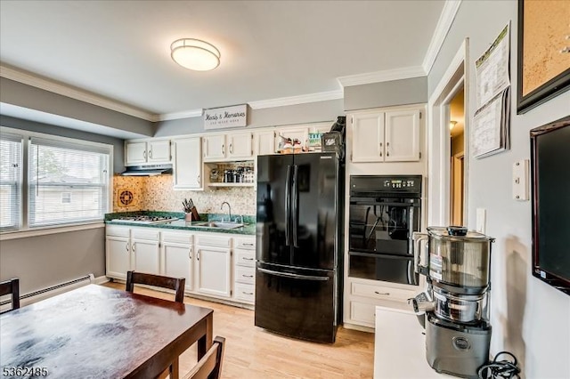 2145 Keller Crk, Union Twp, NJ 07083 - kitchen with black appliances, a warming drawer, a sink, white cabinetry, and crown molding