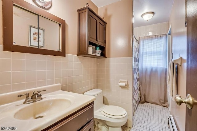 2145 Keller Crk, Union Twp, NJ 07083 - full bathroom featuring tile walls, toilet, vanity, a shower with shower curtain, and a baseboard heating unit