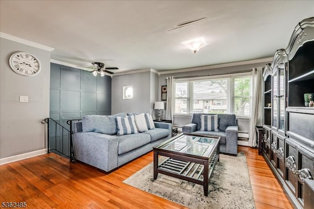 2145 Keller Crk, Union Twp, NJ 07083 - living area featuring ornamental molding, light wood-style floors, ceiling fan, and baseboards