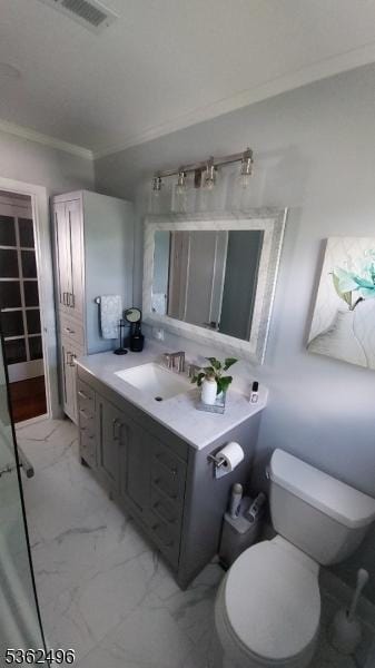 1247 Highland Ave, Union Twp, NJ 07083 - bathroom with vanity, toilet, marble look tiles, and ornamental molding
