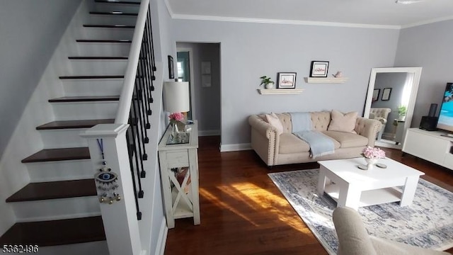 1247 Highland Ave, Union Twp, NJ 07083 - living room featuring ornamental molding, stairs, wood finished floors, and baseboards