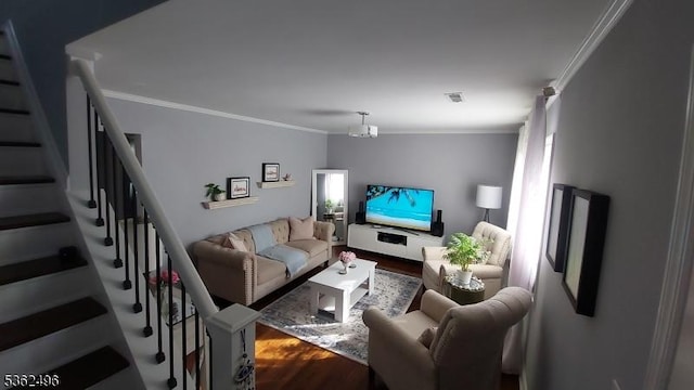 1247 Highland Ave, Union Twp, NJ 07083 - living room featuring crown molding, stairway, and wood finished floors