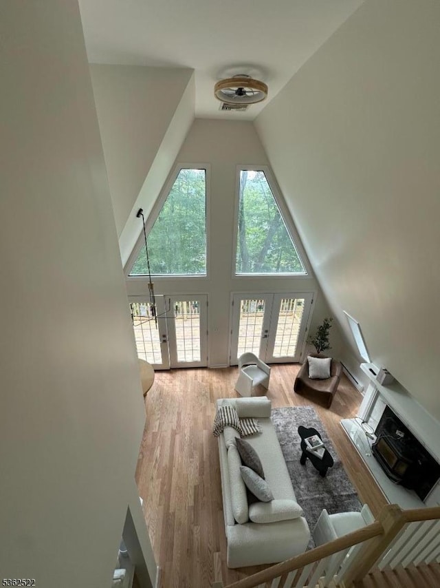 51 Scenic Dr, Green Twp, NJ 07821 - living area featuring high vaulted ceiling, wood finished floors, and french doors