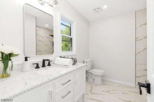51 Scenic Dr, Green Twp, NJ 07821 - full bathroom with vanity, toilet, marble look tile flooring, and recessed lighting