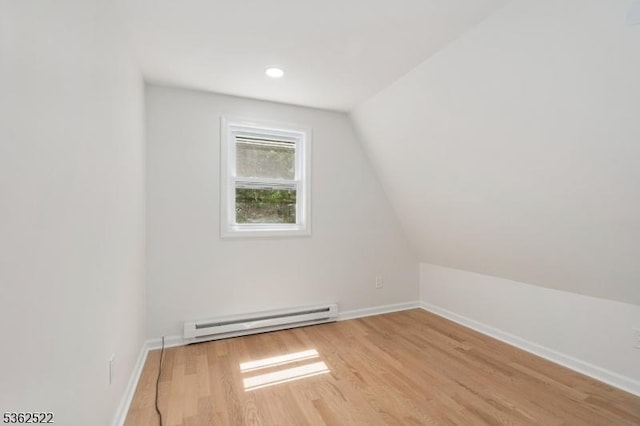 51 Scenic Dr, Green Twp, NJ 07821 - bonus room featuring a baseboard radiator, light wood-style flooring, baseboards, vaulted ceiling, and recessed lighting