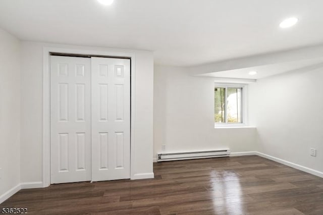 51 Scenic Dr, Green Twp, NJ 07821 - unfurnished bedroom with a baseboard heating unit, wood finished floors, baseboards, recessed lighting, and a closet