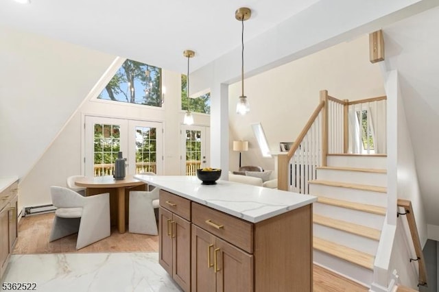 51 Scenic Dr, Green Twp, NJ 07821 - kitchen featuring baseboard heating, decorative light fixtures, french doors, a kitchen island, and light marble finish floors