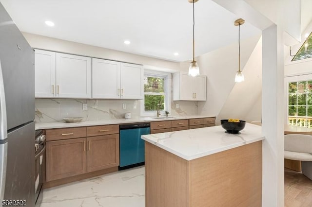 51 Scenic Dr, Green Twp, NJ 07821 - kitchen with dishwasher, freestanding refrigerator, a sink, white cabinetry, and light marble finish floors