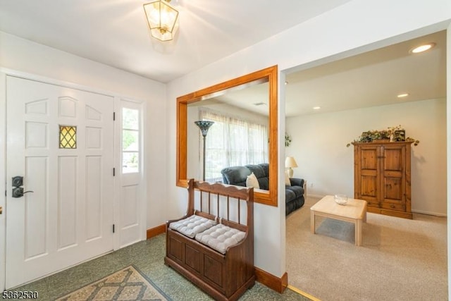 9 Ridge Rd, Roxbury Twp, NJ 07876 - entrance foyer with dark carpet, baseboards, and recessed lighting