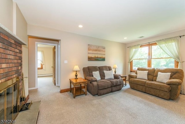9 Ridge Rd, Roxbury Twp, NJ 07876 - living room featuring light carpet, a fireplace, a baseboard radiator, baseboards, and recessed lighting
