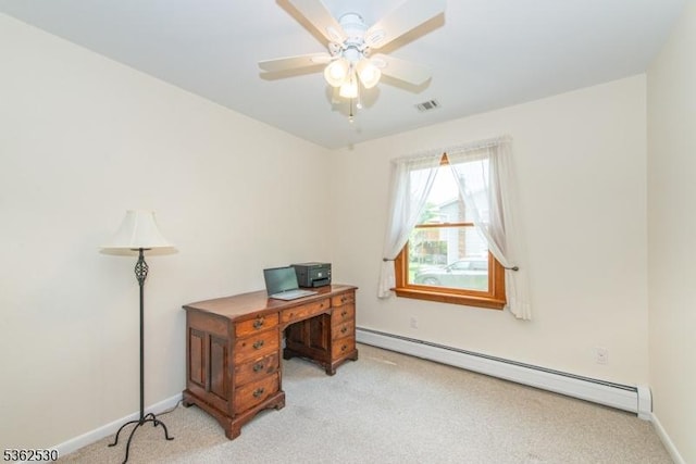 9 Ridge Rd, Roxbury Twp, NJ 07876 - office space featuring a baseboard heating unit, light colored carpet, a ceiling fan, and baseboards
