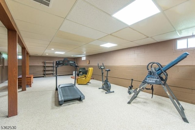 9 Ridge Rd, Roxbury Twp, NJ 07876 - workout area featuring a drop ceiling, carpet floors, and concrete block wall