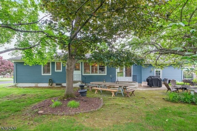 9 Ridge Rd, Roxbury Twp, NJ 07876 - rear view of property featuring a lawn, a fire pit, and a patio area