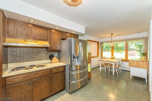 9 Ridge Rd, Roxbury Twp, NJ 07876 - kitchen with stainless steel fridge with ice dispenser, electric stovetop, under cabinet range hood, brown cabinets, and recessed lighting