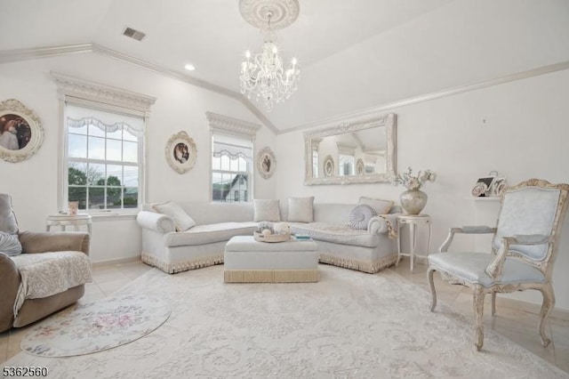 59 Guy St, Dover Town, NJ 07801 - living room featuring vaulted ceiling, ornamental molding, a chandelier, and baseboards