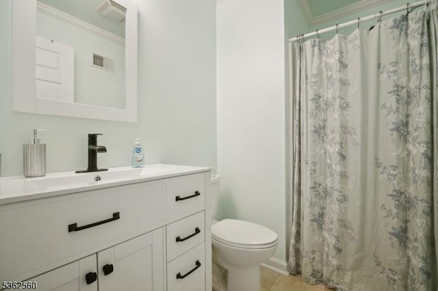 59 Guy St, Dover Town, NJ 07801 - full bath featuring toilet, ornamental molding, vanity, a shower with curtain, and tile patterned floors