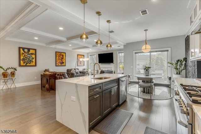 302 Tiffany Way Unit 302, Watchung Boro, NJ 07069 - kitchen featuring stainless steel appliances, wood finished floors, coffered ceiling, beamed ceiling, and open floor plan