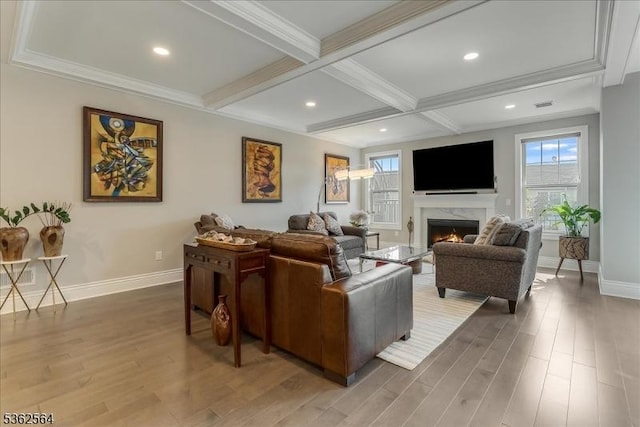 302 Tiffany Way Unit 302, Watchung Boro, NJ 07069 - living room with a premium fireplace, light wood-style flooring, beam ceiling, crown molding, and coffered ceiling