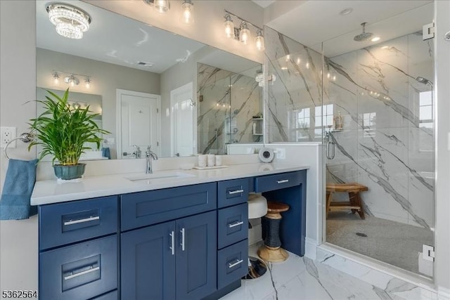 302 Tiffany Way Unit 302, Watchung Boro, NJ 07069 - bathroom featuring a marble finish shower, vanity, and marble finish floors
