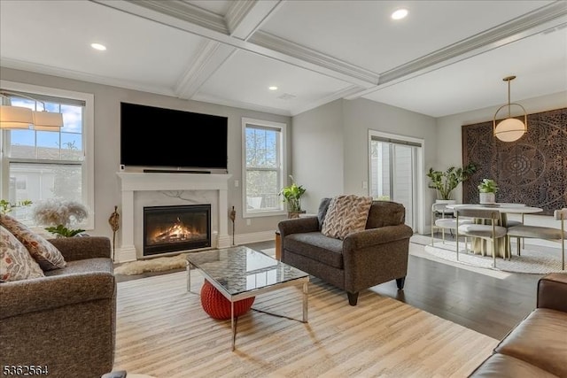 302 Tiffany Way Unit 302, Watchung Boro, NJ 07069 - living area featuring wood finished floors, coffered ceiling, a high end fireplace, beamed ceiling, and recessed lighting