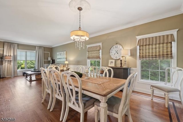 202 Old Sand Rd, Fairfield Twp, NJ 07004 - dining room with crown molding, wood finished floors, a wainscoted wall, and a chandelier