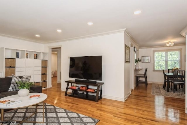 67-75 New England Ave Unit 71C, Summit City, NJ 07901 - living area featuring light wood-style flooring, crown molding, baseboards, and recessed lighting