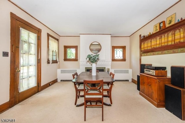 78 Broad St, Flemington Boro, NJ 08822 - dining area with radiator, light colored carpet, baseboards, and ornamental molding