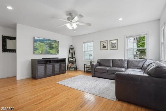 547 Logan Dr, Roxbury Twp, NJ 07850 - living area featuring plenty of natural light, a ceiling fan, light wood-style floors, recessed lighting, and baseboards