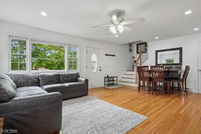 547 Logan Dr, Roxbury Twp, NJ 07850 - living area featuring stairs, ceiling fan, light wood-type flooring, and recessed lighting