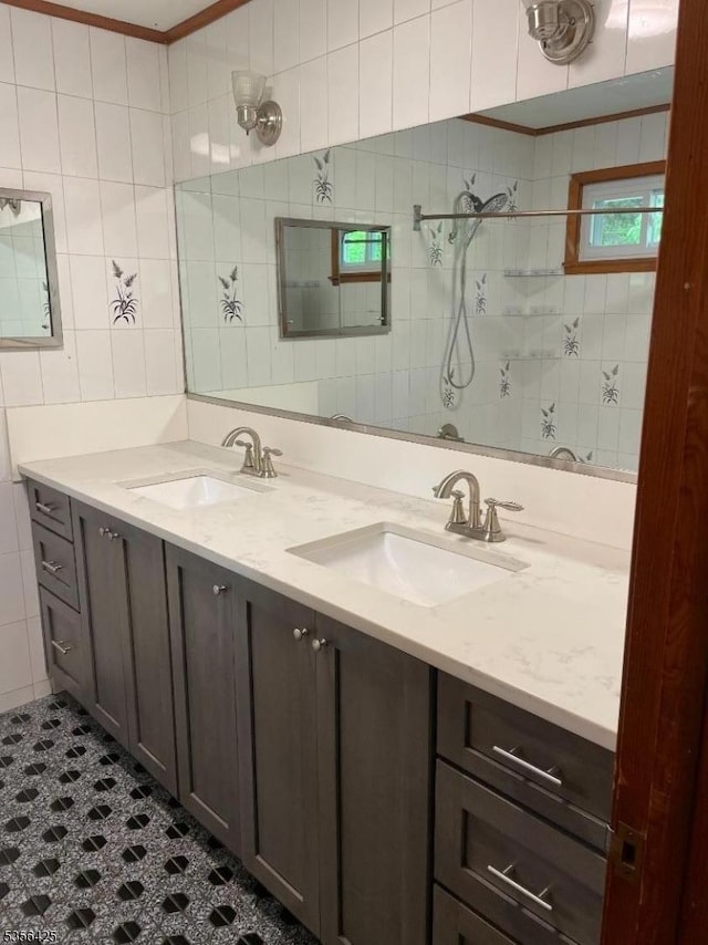 297 Terhune Dr, Wayne Twp, NJ 07470 - bathroom featuring tile walls, double vanity, and tiled shower