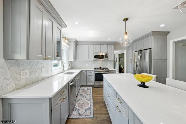 80 Rose St, Wood-Ridge Boro, NJ 07075 - kitchen with stainless steel appliances, gray cabinetry, dark wood-style floors, and recessed lighting