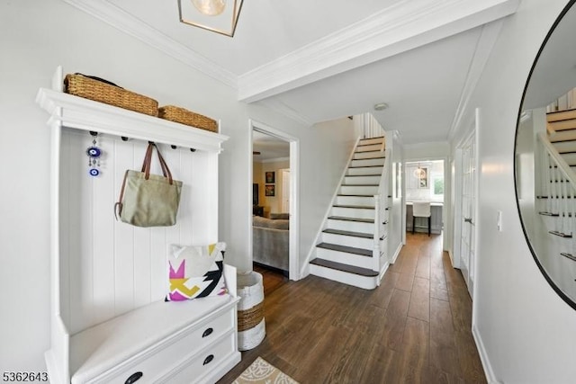 80 Rose St, Wood-Ridge Boro, NJ 07075 - mudroom featuring ornamental molding and dark wood-type flooring