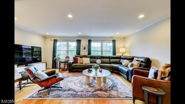 8 Clark Ct, Bernards Twp, NJ 07920 - living room featuring ornamental molding, wood finished floors, and recessed lighting