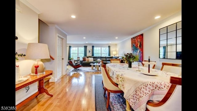 8 Clark Ct, Bernards Twp, NJ 07920 - dining room with crown molding, light wood-style floors, and recessed lighting