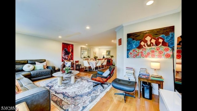 8 Clark Ct, Bernards Twp, NJ 07920 - living area with recessed lighting, wood finished floors, and ornamental molding