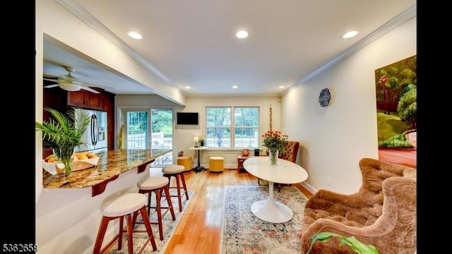 8 Clark Ct, Bernards Twp, NJ 07920 - dining space with crown molding, recessed lighting, a ceiling fan, and light wood-type flooring