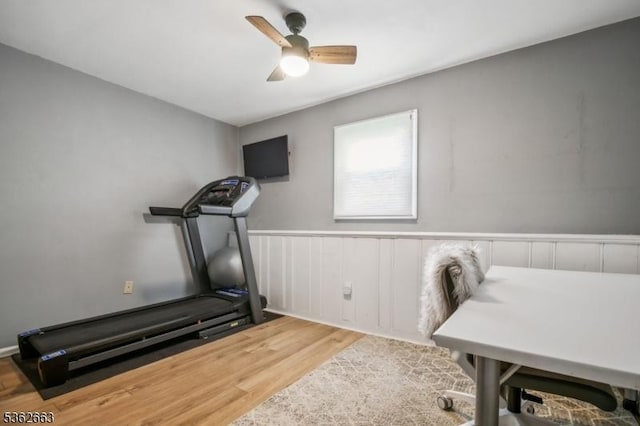 22 Corwin St, Randolph Twp, NJ 07869 - office area with wood finished floors, ceiling fan, and a wainscoted wall