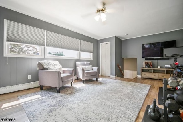 22 Corwin St, Randolph Twp, NJ 07869 - living room featuring ceiling fan, wood finished floors, baseboards, and crown molding